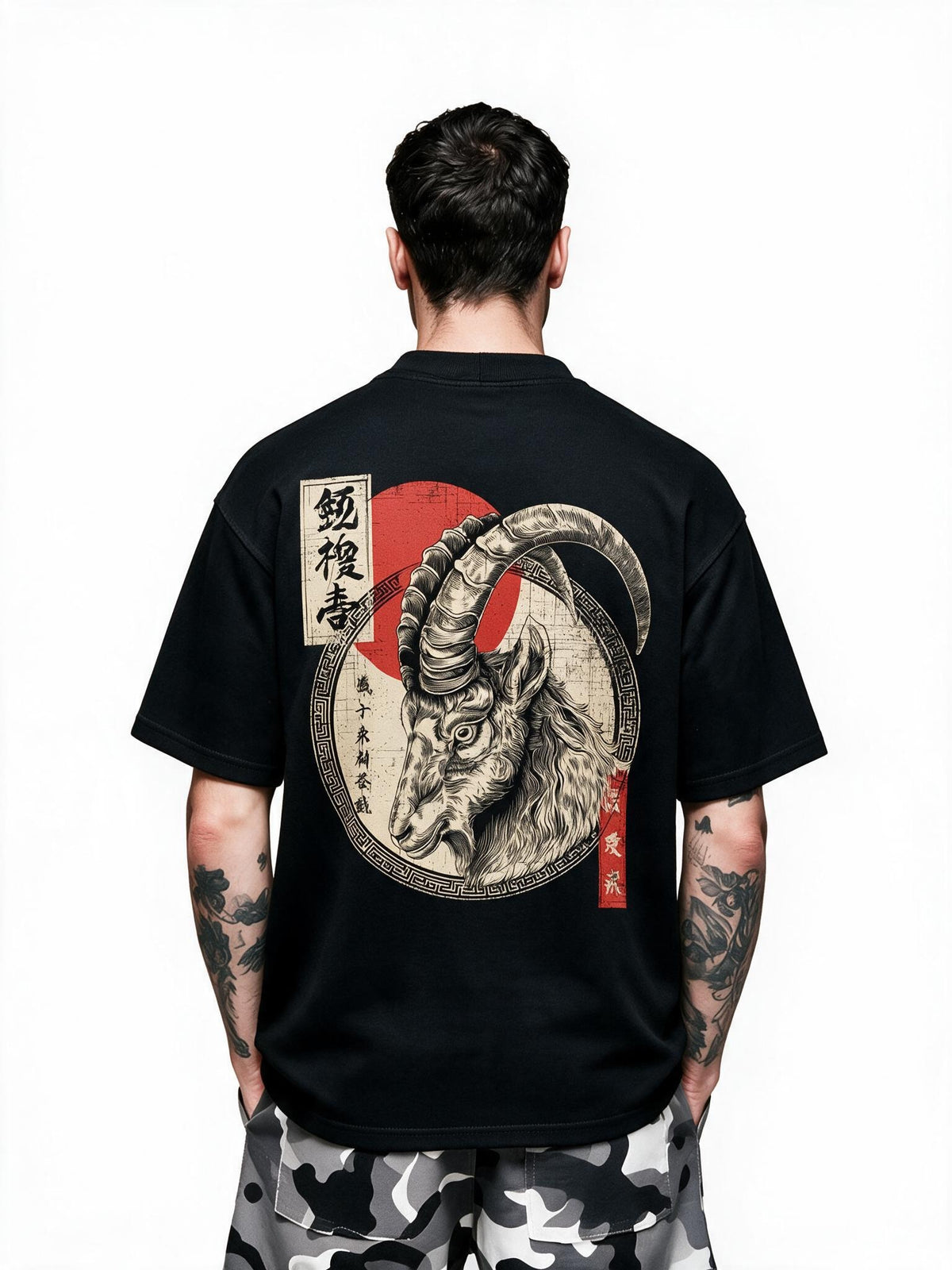 Crimson Sun Ram oversized tee by IKIINK - front