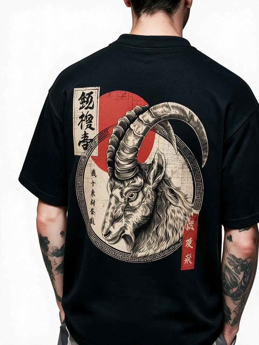 Crimson Sun Ram oversized tee by IKIINK - print close-up