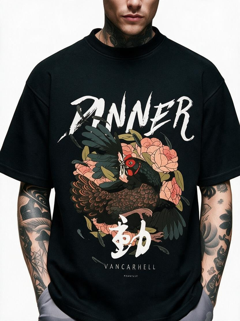 Dinner Rooster oversized tee by IKIINK - print close-up