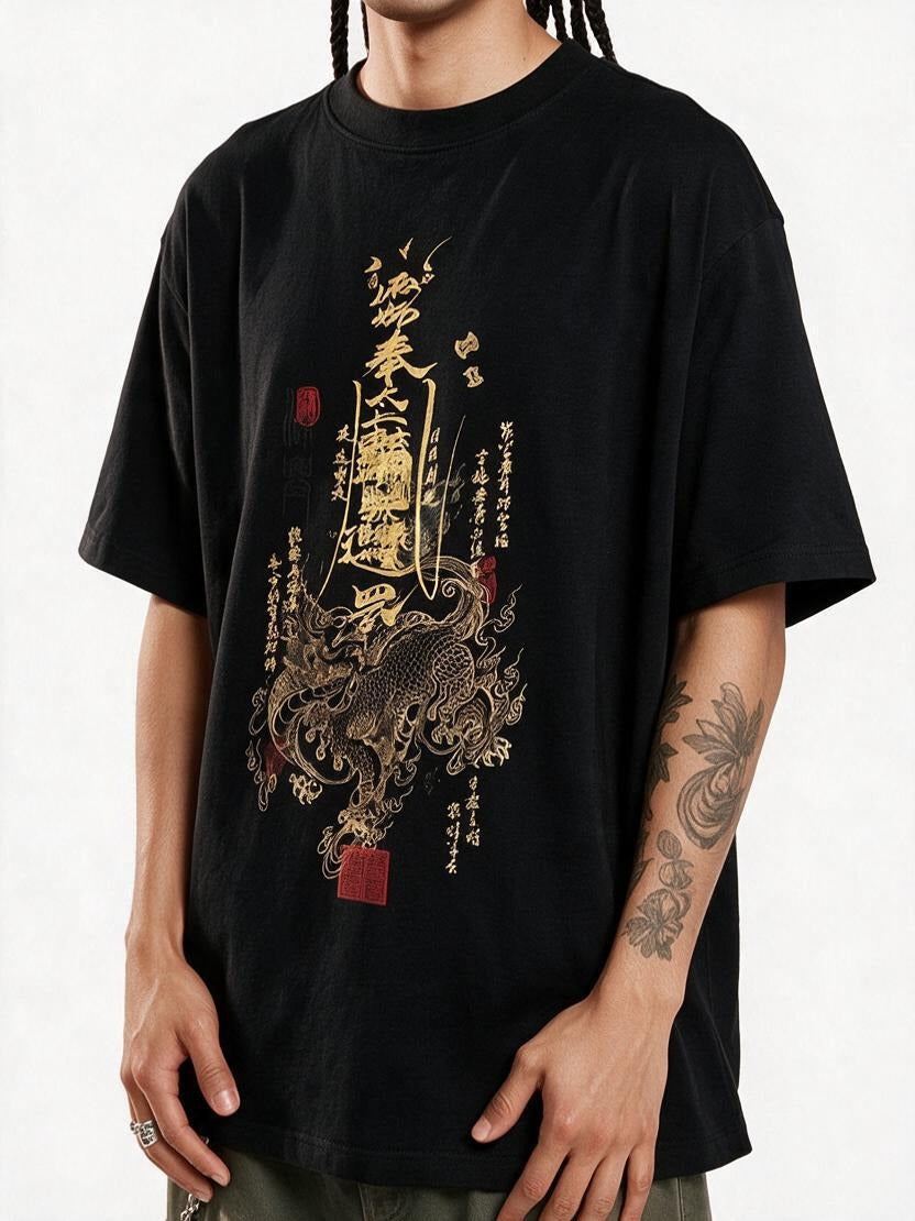 Dragon Talisman oversized tee by IKIINK - print close-up