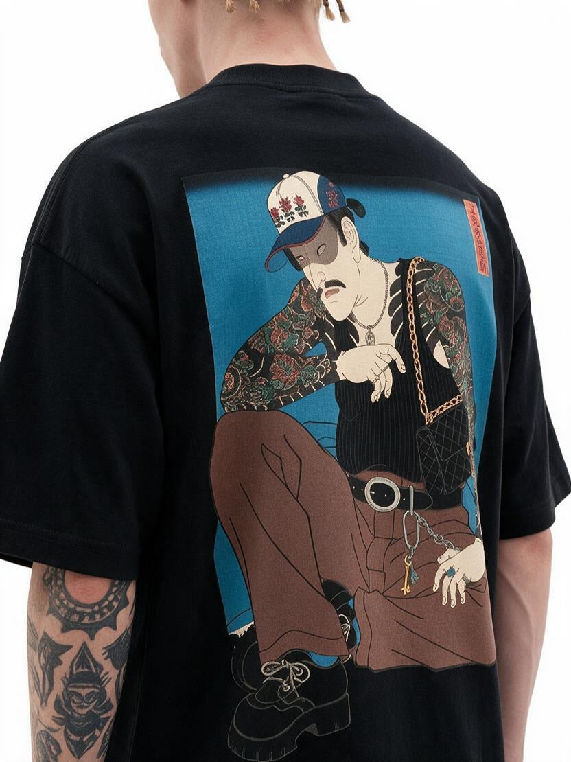 Edo Hustler oversized tee by IKIINK - print close-up