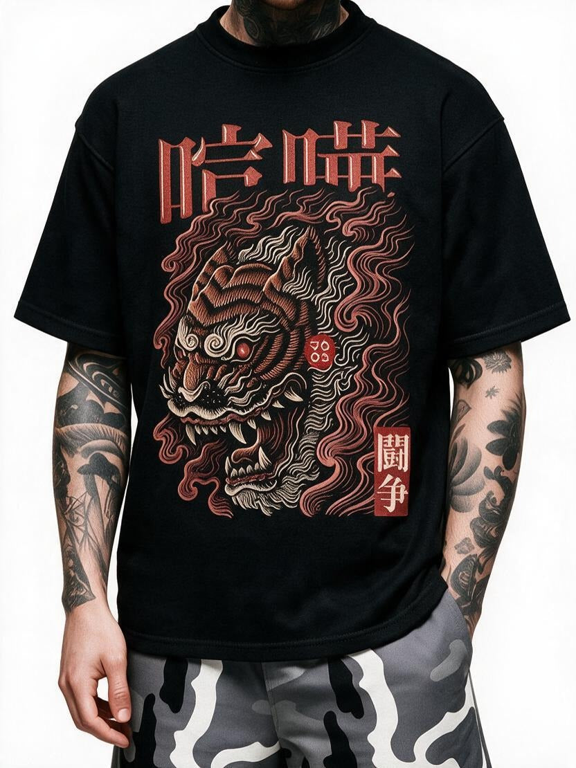 Kenka Tiger oversized tee by IKIINK - print close-up