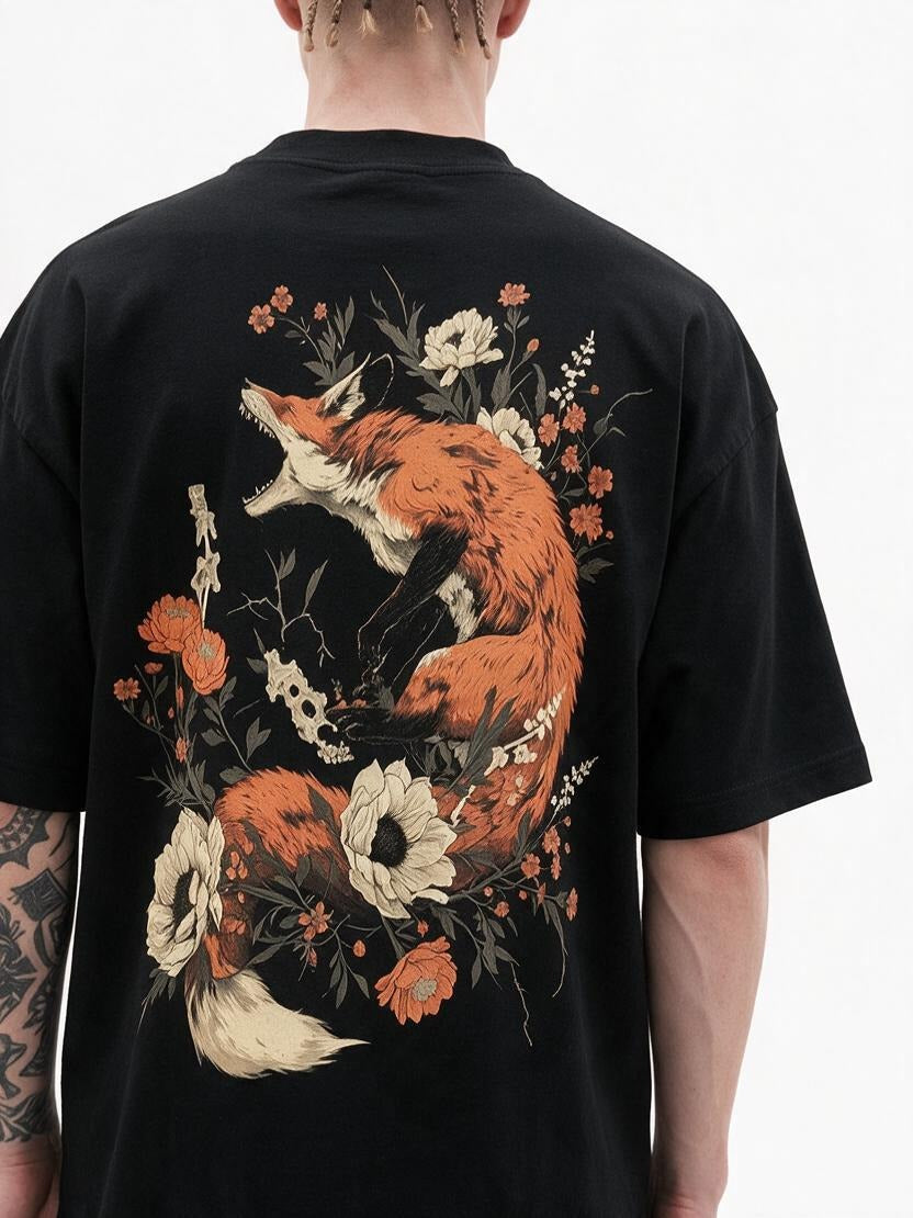 Kitsune Bloom oversized tee by IKIINK - print close-up