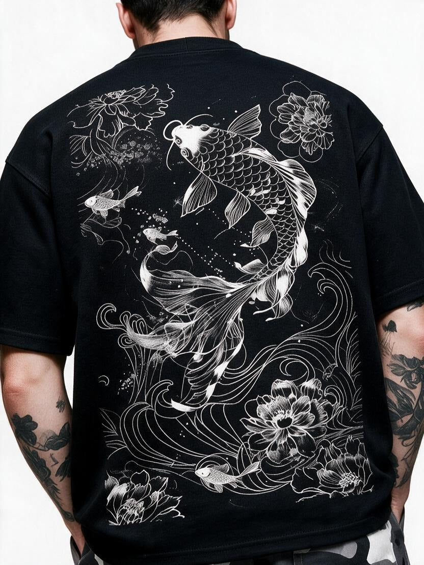 Koi Ascension oversized tee by IKIINK - print close-up