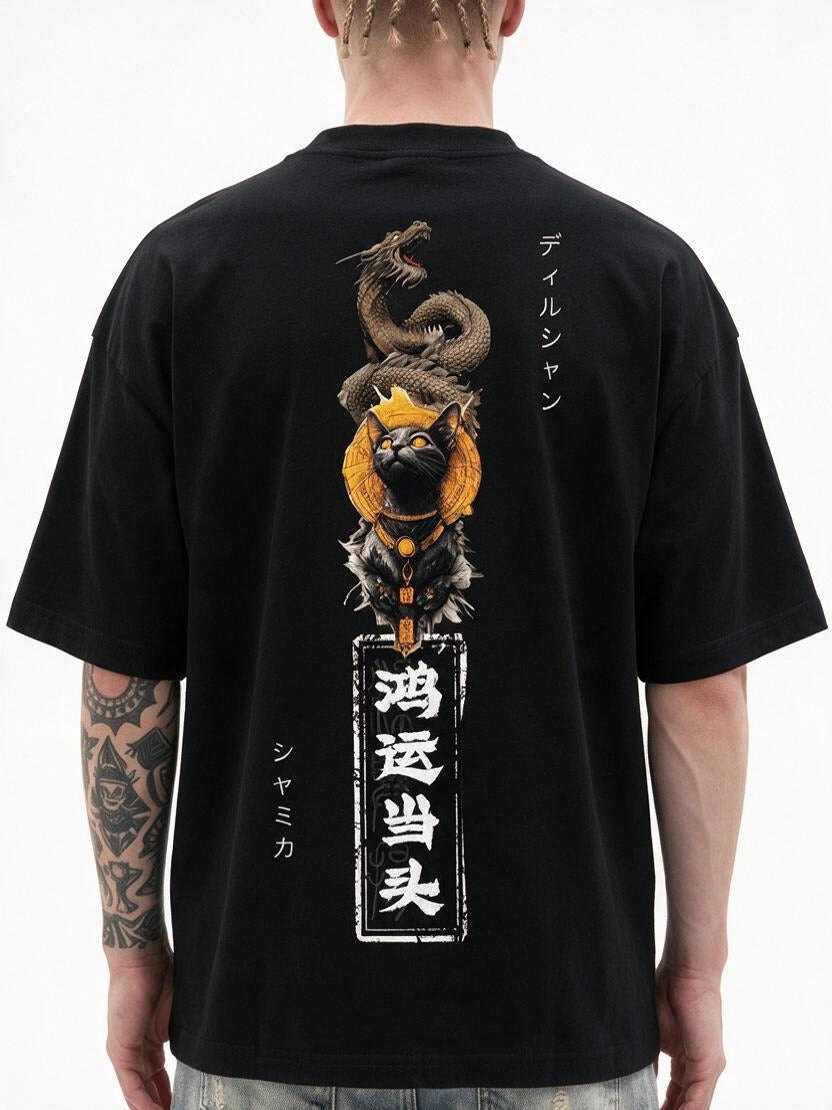 Lucky Cat Fortune oversized tee by IKIINK - print close-up