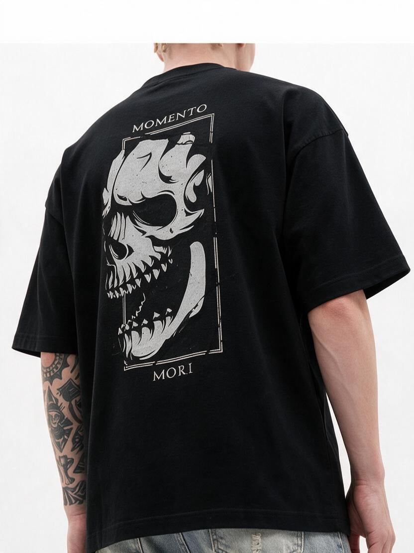 Memento Mori Skull oversized tee by IKIINK - print close-up