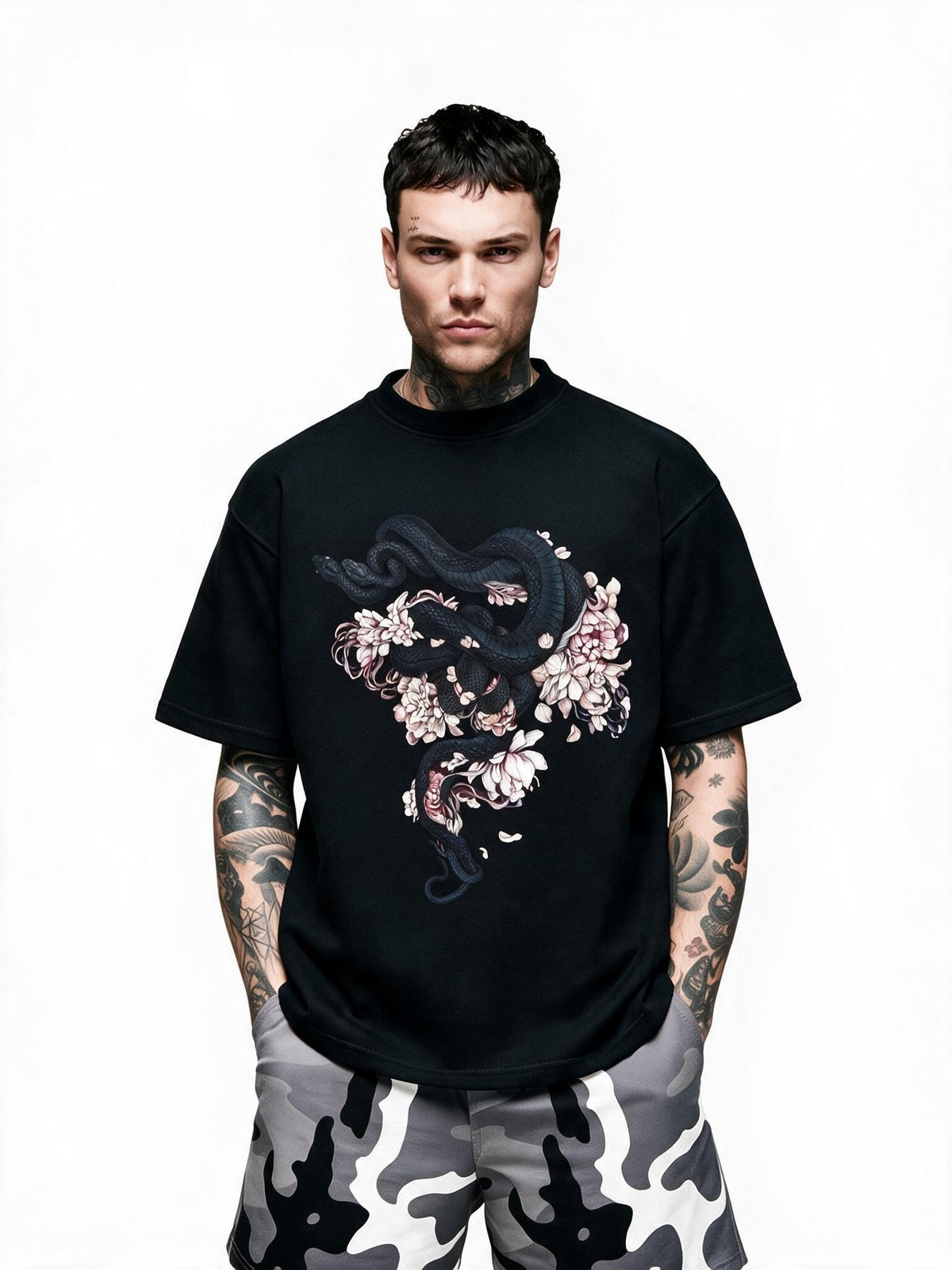 Night Serpent Bloom oversized tee by IKIINK - front