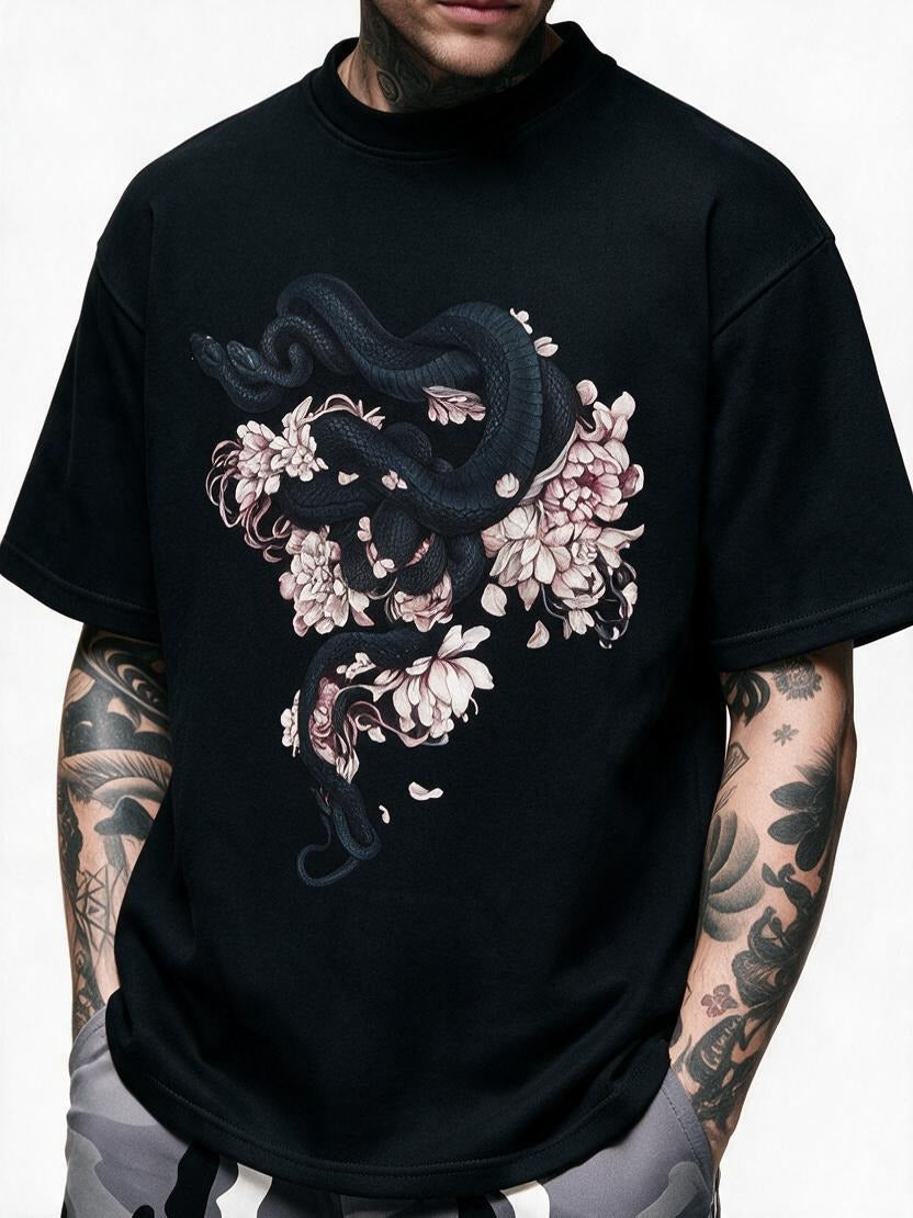 Night Serpent Bloom oversized tee by IKIINK - print close-up