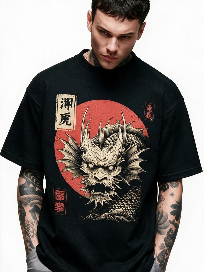 Ryu Sun Dragon oversized tee by IKIINK - print close-up