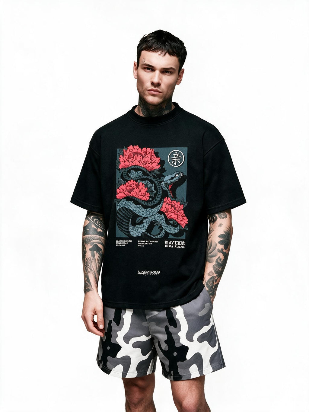 Serpent & Peony oversized tee by IKIINK - front