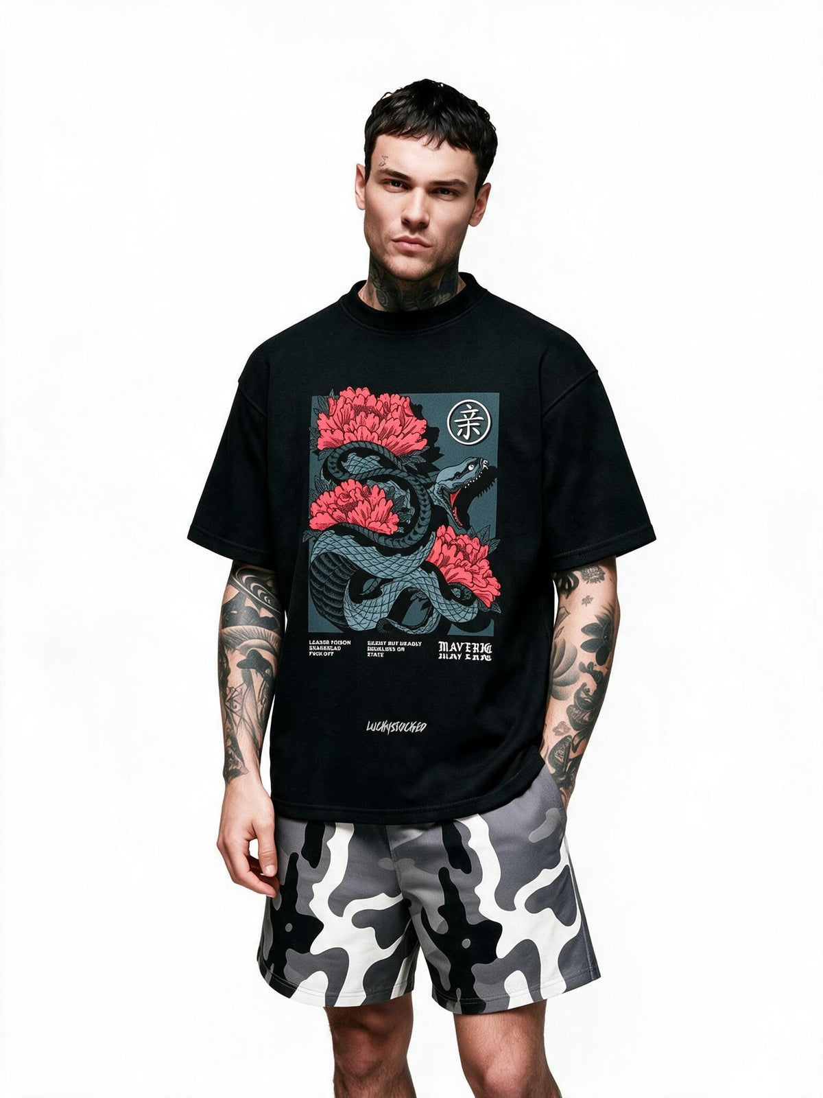 Serpent & Peony oversized tee by IKIINK - front