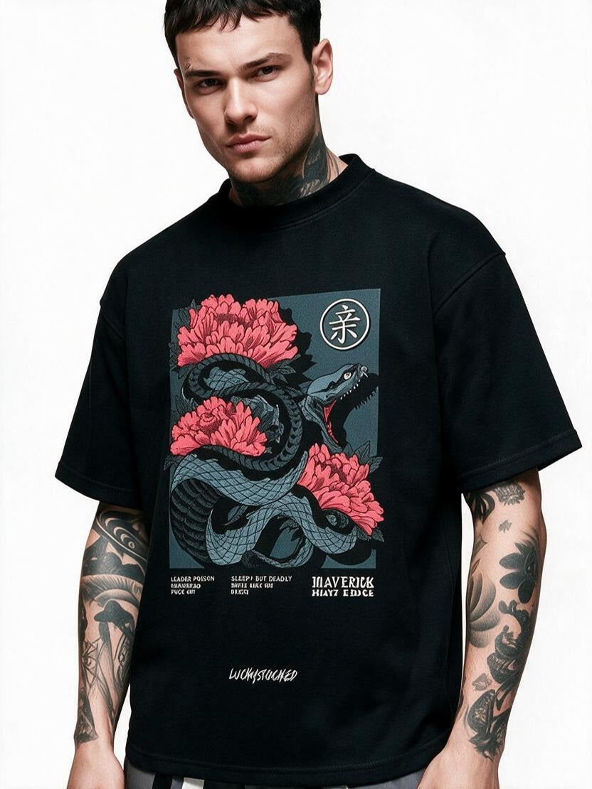 Serpent & Peony oversized tee by IKIINK - print close-up