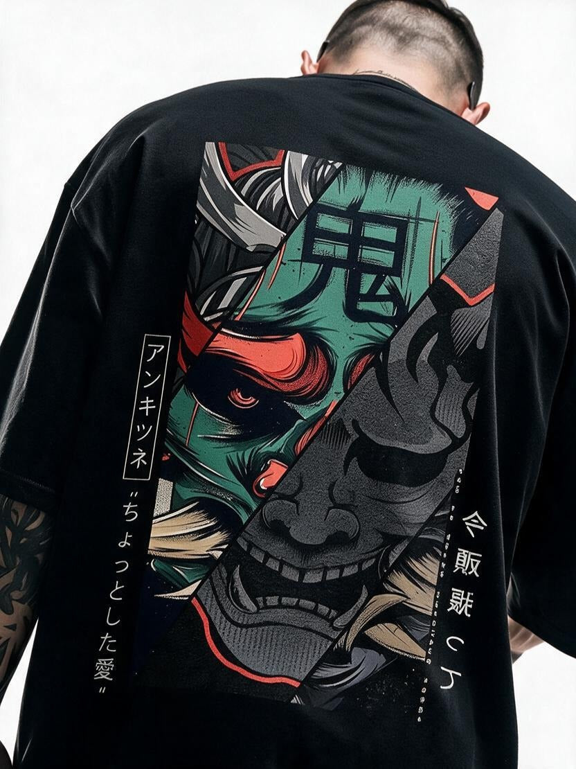 Two-Faced Oni oversized tee by IKIINK - print close-up