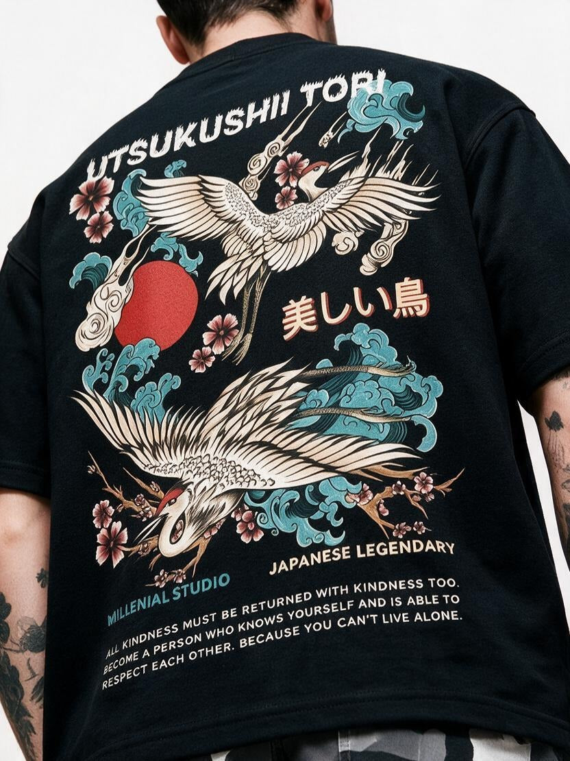 Utsukushii Tori oversized tee by IKIINK - print close-up